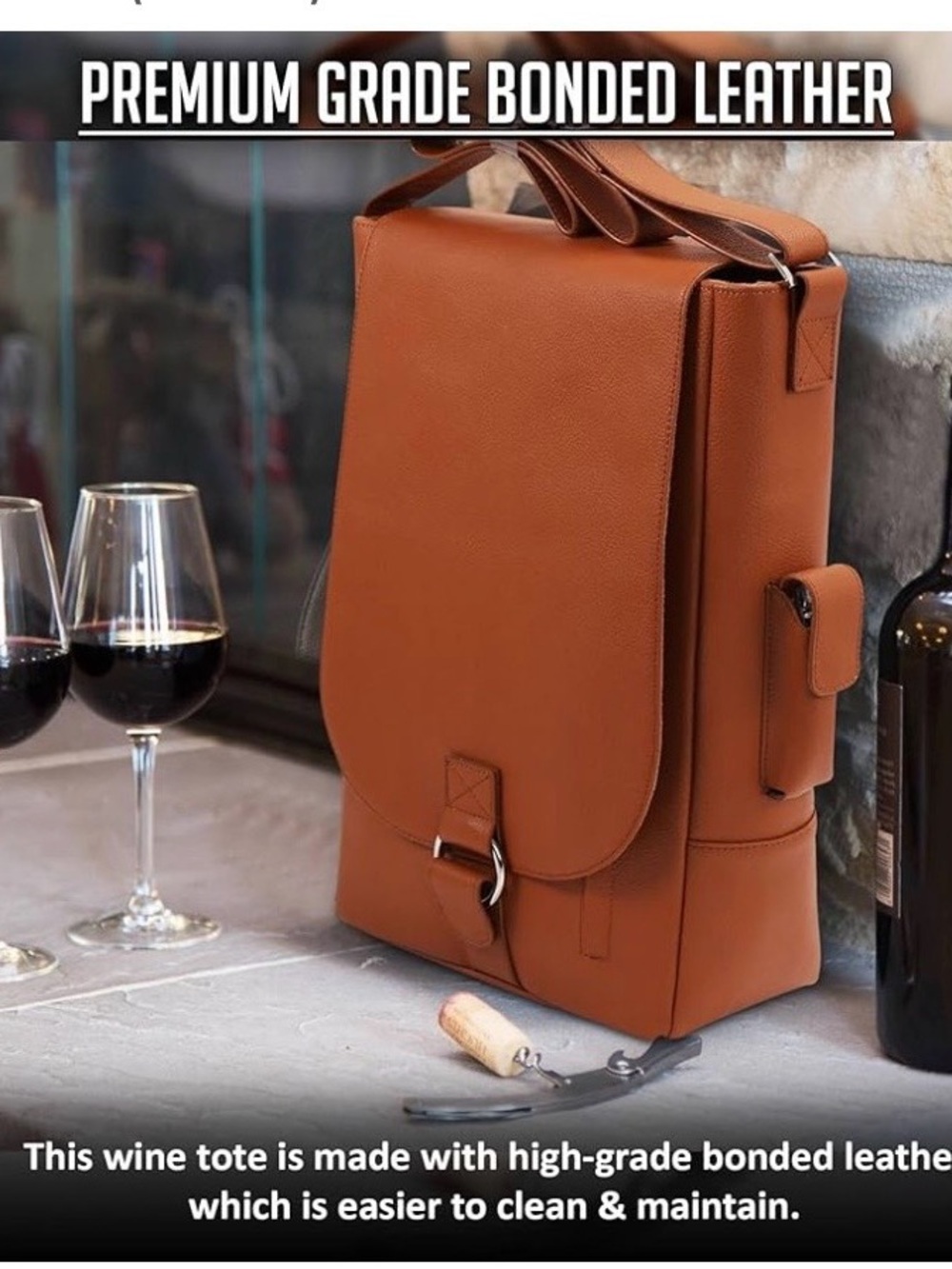 Two Bottles Saddle Leather Wine Tote Messenger Carrier